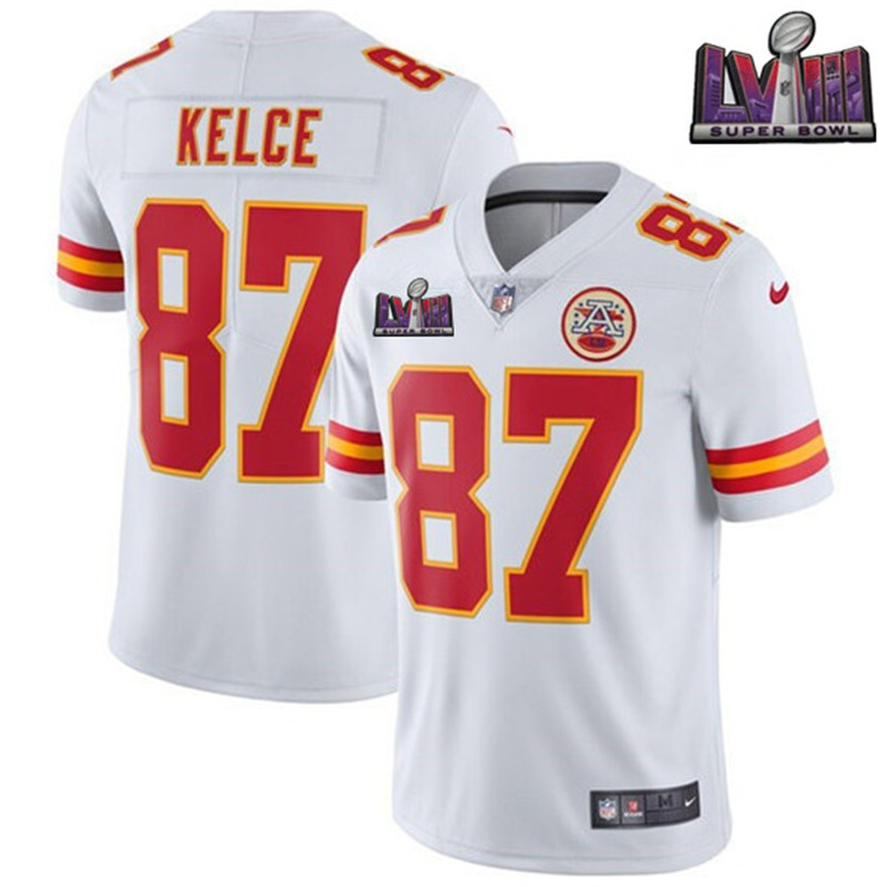 Nike Chiefs 87 Travis Kelce White 2024 Super Bowl LVIII Vapor Limited Jersey