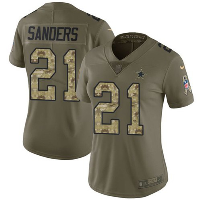  Cowboys 21 Deion Sanders Olive Camo Women Salute To Service Limited Jersey