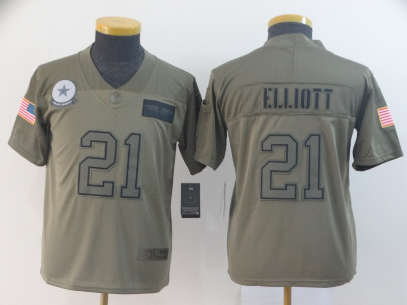 Nike Cowboys 21 Ezekiel Elliott 2019 Olive Youth Salute To Service Limited Jersey