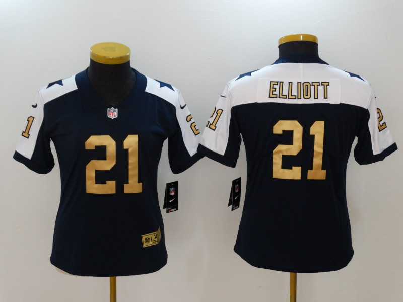  Cowboys 21 Ezekiel Elliott Navy Gold Throwback Women Color Rush Limited Jersey