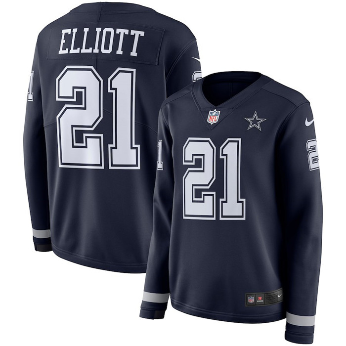  Cowboys 21 Ezekiel Elliott Navy Women Long Sleeve Limited Jersey