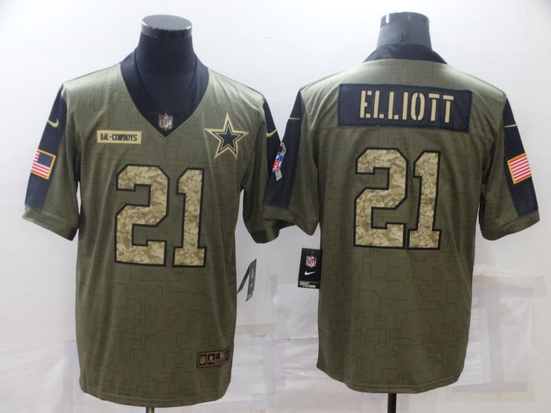 Nike Cowboys 21 Ezekiel Elliott Olive Camo 2021 Salute To Service Limited Jersey