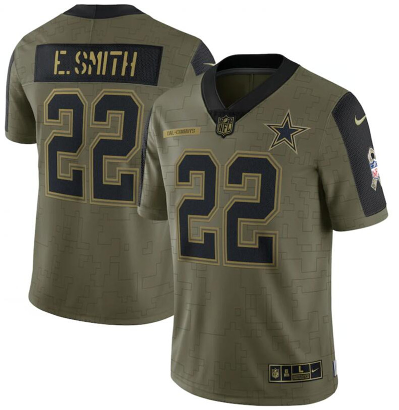 Nike Cowboys 22 Emmitt Smith Olive 2021 Salute To Service Limited Jersey