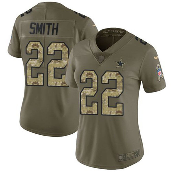  Cowboys 22 Emmitt Smith Olive Camo Women Salute To Service Limited Jersey