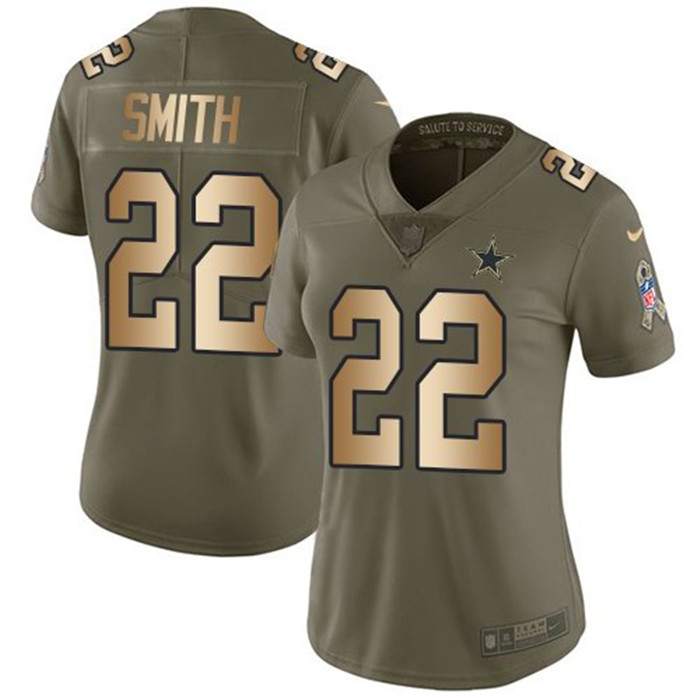  Cowboys 22 Emmitt Smith Olive Gold Women Salute To Service Limited Jersey