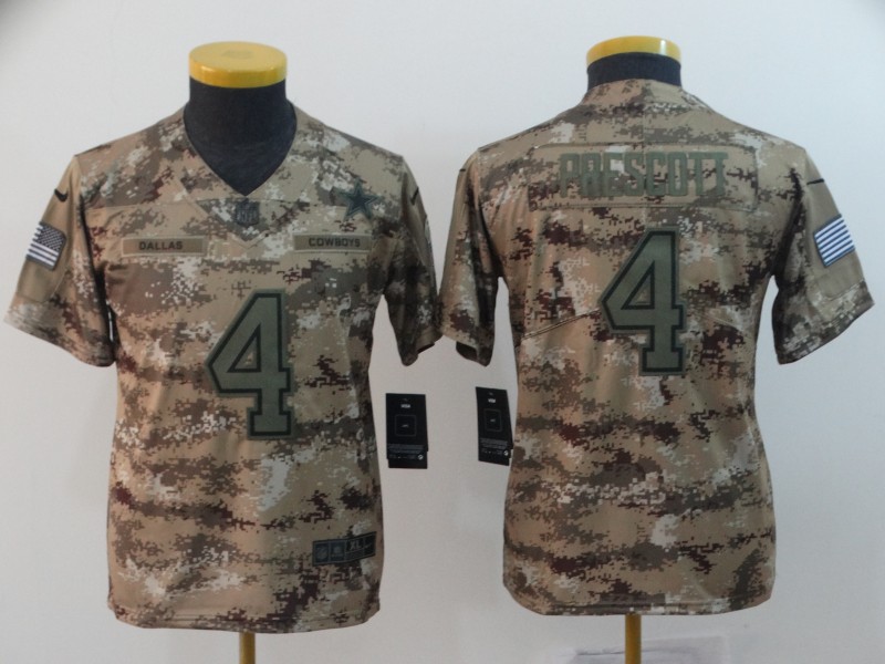  Cowboys 4 Dak Prescott Camo Youth Salute To Service Limited Jersey