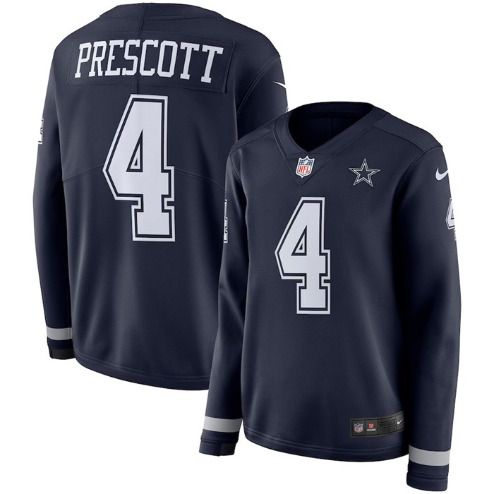  Cowboys 4 Dak Prescott Navy Women Long Sleeve Limited Jersey