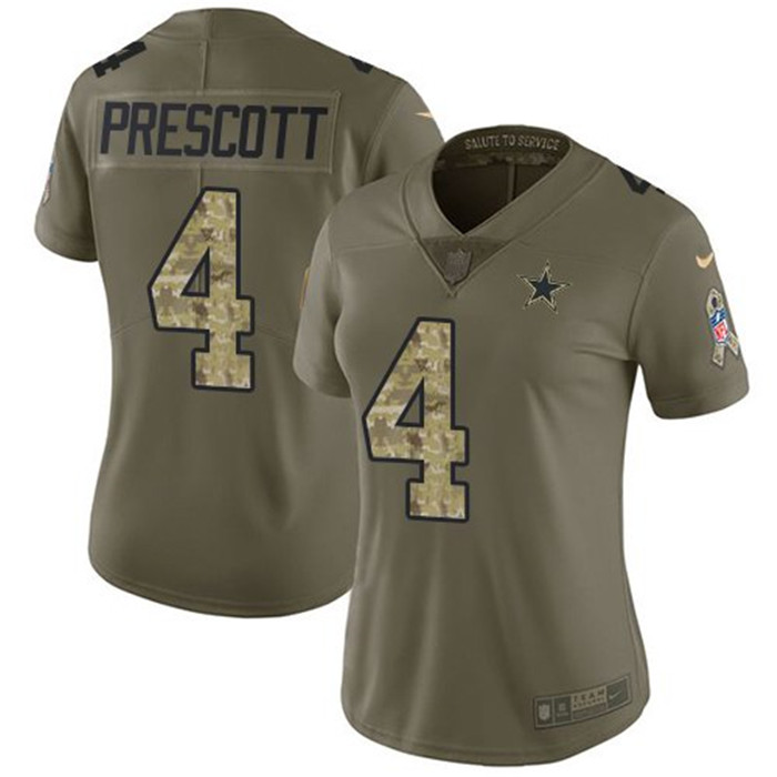  Cowboys 4 Dak Prescott Olive Camo Women Salute To Service Limited Jersey