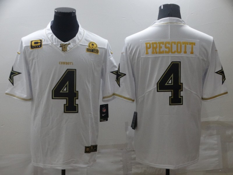 Nike Cowboys 4 Dak Prescott White Gold C And Est 1960 Patch Vapor Limited Jersey