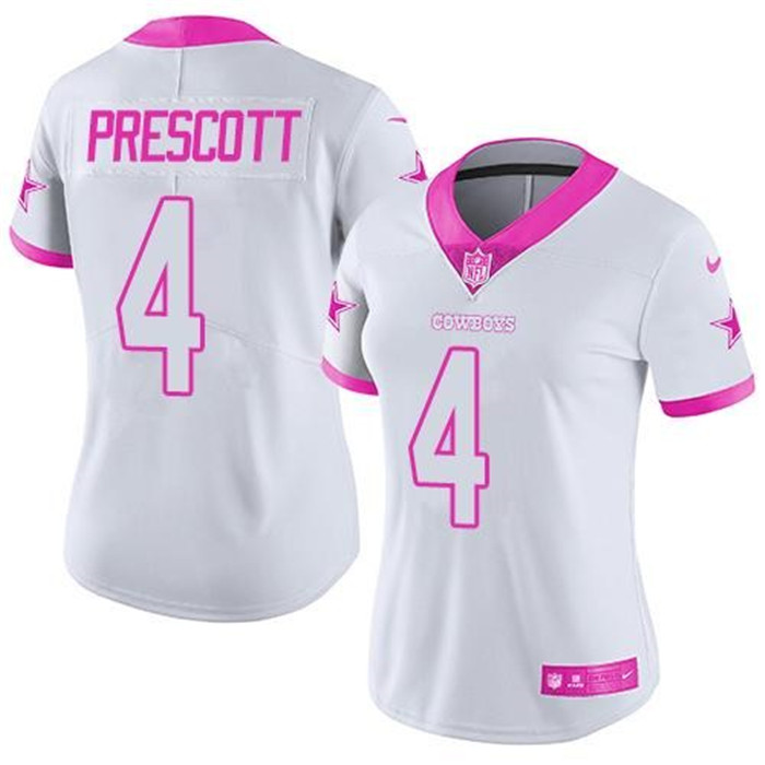  Cowboys 4 Dak Prescott White Pink Fashion Women Rush Limited Jersey