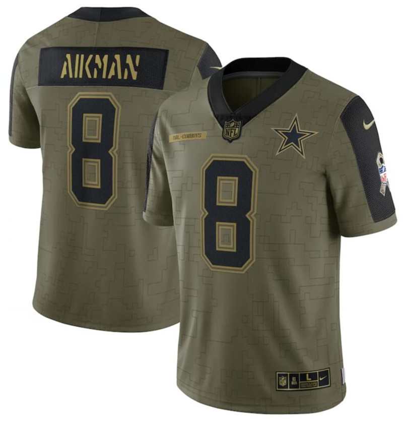 Nike Cowboys 8 Troy Aikman Olive 2021 Salute To Service Limited Jersey