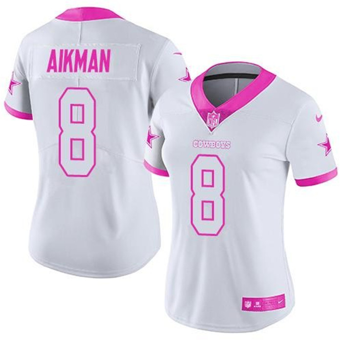  Cowboys 8 Troy Aikman White Pink Fashion Women Rush Limited Jersey