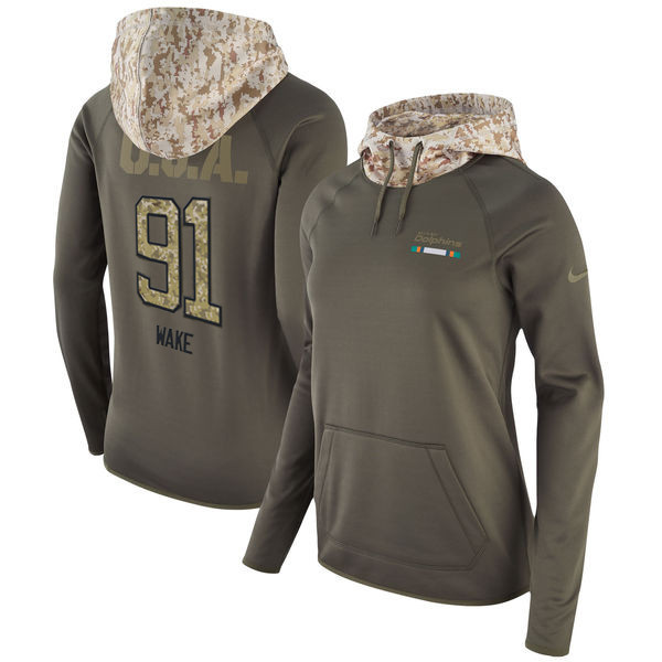  Dolphins 91 Cameron Wake Olive Women Salute To Service Pullover Hoodie