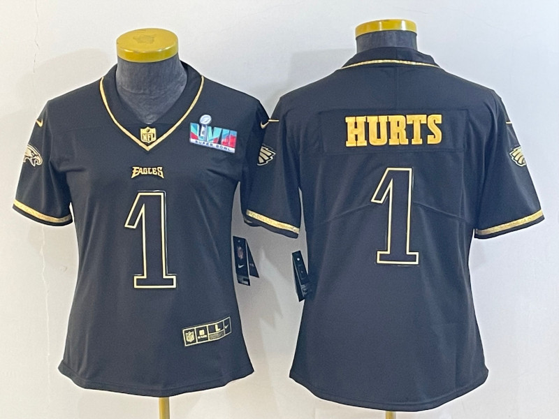 Nike Eagles 1 Jalen Hurts Black Gold Women 2023 Super Bowl LVII Vapor Untouchable Jersey