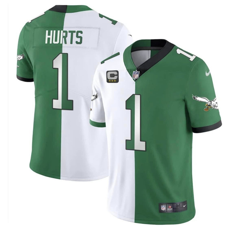 Nike Eagles 1 Jalen Hurts White Green Split C Patch Vapor Limited Jersey