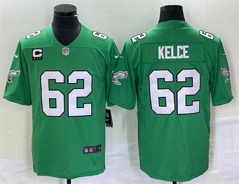 Nike Eagles 62 Jason Kelce Green Vapor Limited C Patch Throwback Jersey