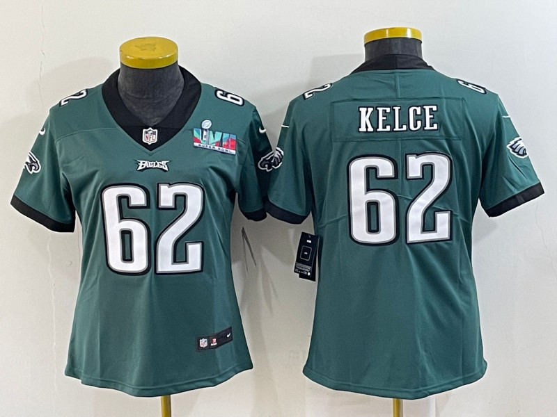 Nike Eagles 62 Jason Kelce Green Women 2023 Super Bowl LVII Vapor Limited Jersey