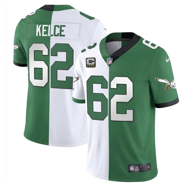 Nike Eagles 62 Jason Kelce White Green Split C Patch Vapor Limited Jersey