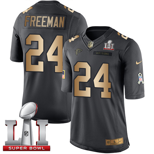  Falcons 24 Devonta Freeman Black Super Bowl LI 51 Men Stitched NFL Limited Gold Salute To Service Jersey