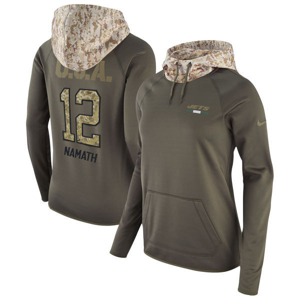  Jets 12 Joe Namath Olive Women Salute To Service Pullover Hoodie