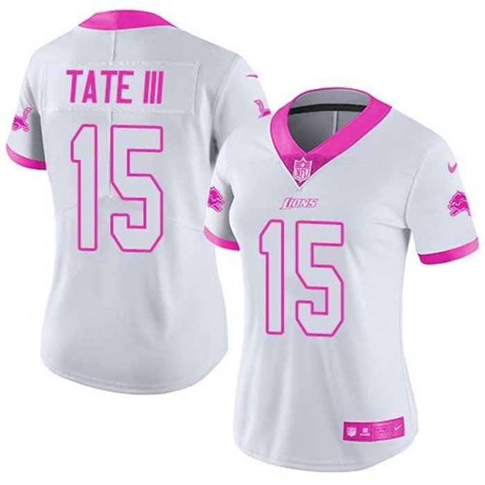  Lions 15 Golden Tate III White Pink Women Rush Fashion Limited Jersey