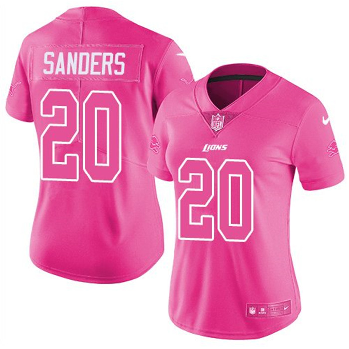  Lions 20 Barry Sanders Pink Women Rush Fashion Limited Jersey