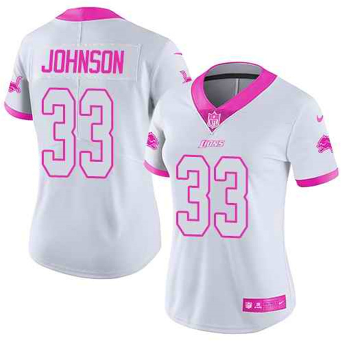  Lions 33 Kerryon Johnson White Pink Women Rush Fashion Limited Jersey