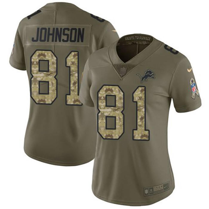 Lions 81 Calvin Johnson Olive Camo Women Salute To Service Limited Jersey