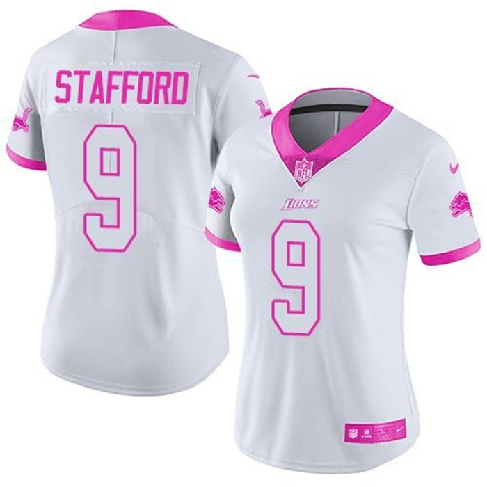  Lions 9 Matthew Stafford White Pink Women Rush Fashion Limited Jersey