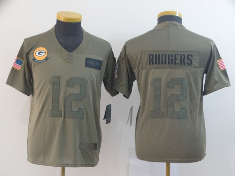 Nike Packers 12 Aaron Rodgers 2019 Olive Youth Salute To Service Limited Jersey