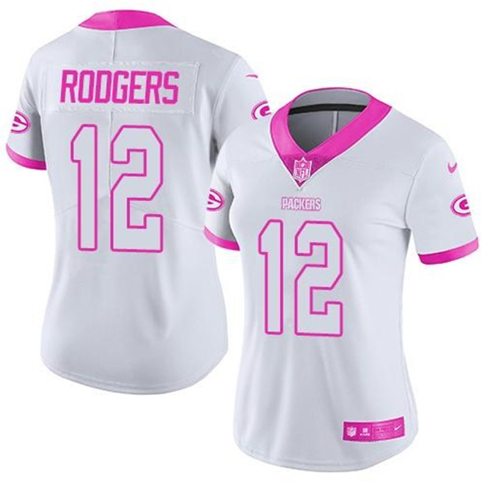  Packers 12 Aaron Rodgers White Pink Women Rush Limited Jersey
