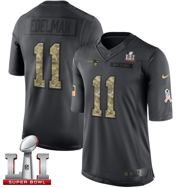  Patriots 11 Julian Edelman Black Super Bowl LI 51 Men Stitched NFL Limited 2016 Salute To Service Jersey