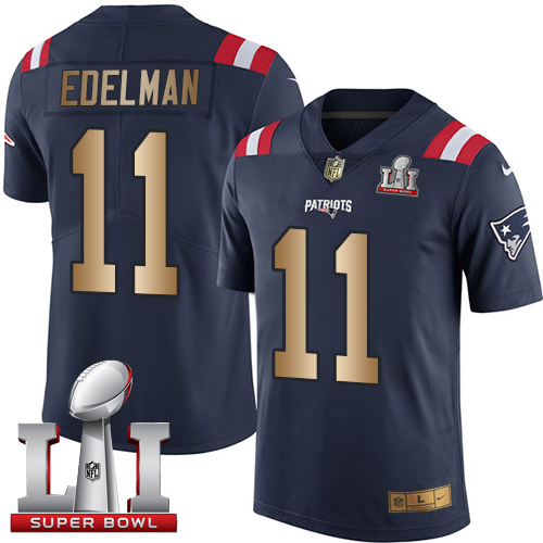  Patriots 11 Julian Edelman Navy Blue Super Bowl LI 51 Men Stitched NFL Limited Gold Rush Jersey