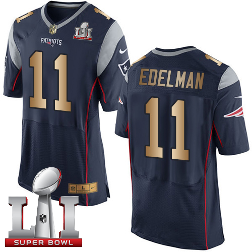  Patriots 11 Julian Edelman Navy Blue Team Color Super Bowl LI 51 Men Stitched NFL New Elite Gold Jersey