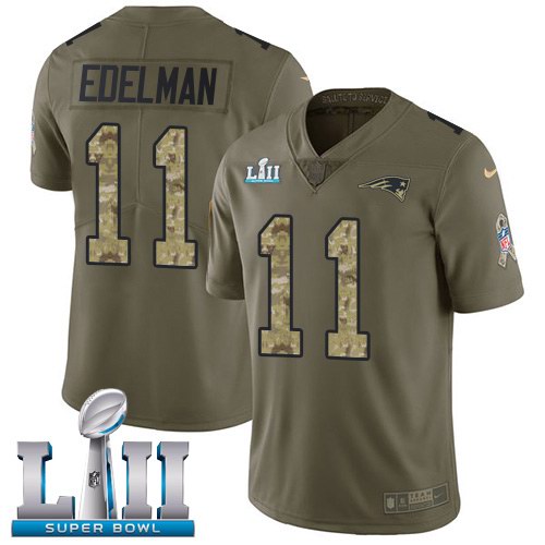  Patriots 11 Julian Edelman Olive Camo Super Bowl LII Salute To Service Limited Jersey