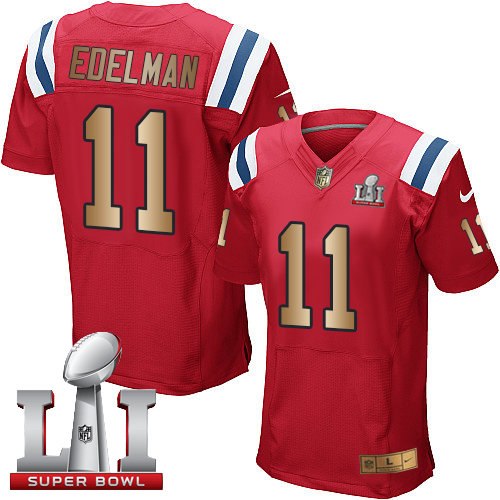  Patriots 11 Julian Edelman Red Alternate Super Bowl LI 51 Men Stitched NFL Elite Gold Jersey