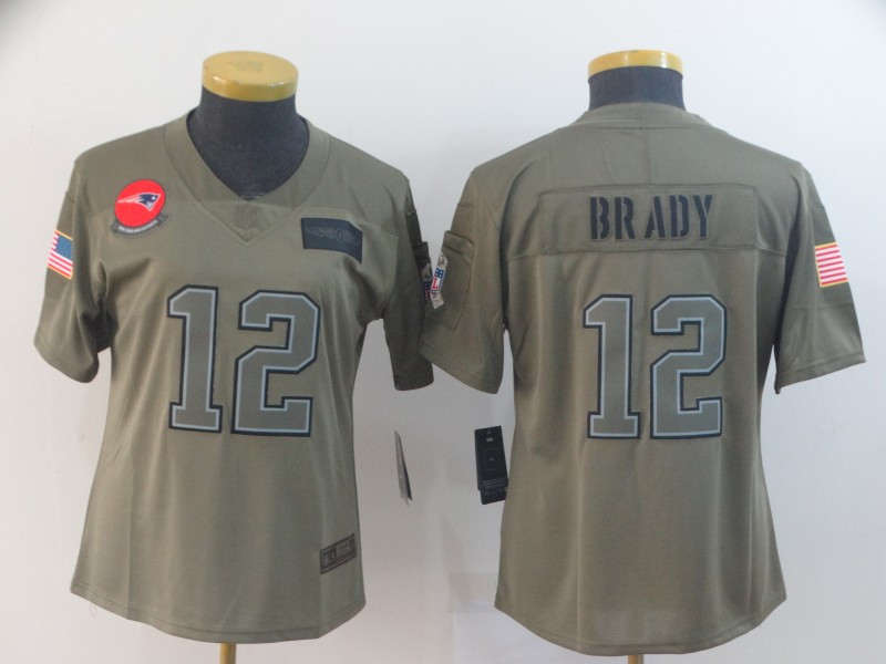 Nike Patriots 12 Tom Brady 2019 Olive Women Salute To Service Limited Jersey