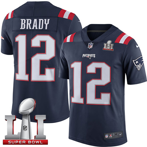  Patriots 12 Tom Brady Navy Blue Super Bowl LI 51 Men Stitched NFL Limited Rush Jersey