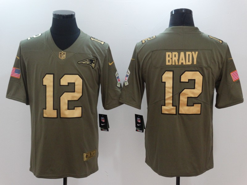  Patriots 12 Tom Brady Olive Gold Salute To Service Limited Jersey
