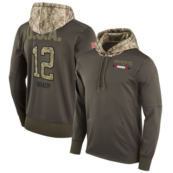  Patriots 12 Tom Brady Olive Salute To Service Pullover Hoodie