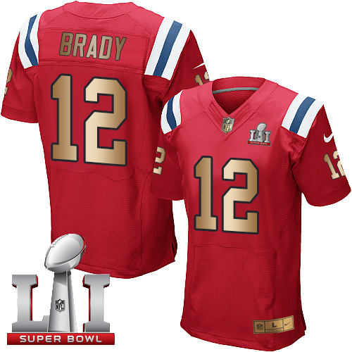  Patriots 12 Tom Brady Red Alternate Super Bowl LI 51 Men Stitched NFL Elite Gold Jersey