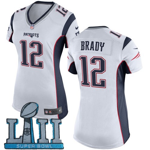  Patriots 12 Tom Brady White Women 2018 Super Bowl LII Game Jersey
