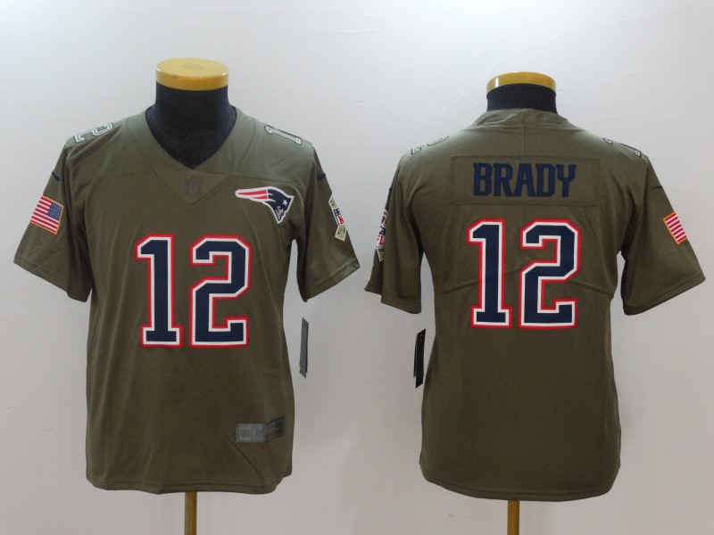  Patriots 12 Tom Brady Youth Olive Salute To Service Limited Jersey