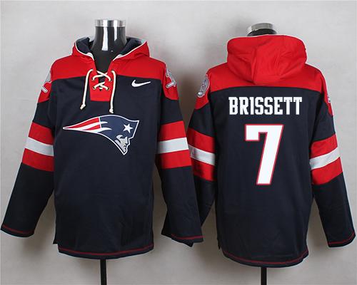  Patriots 7 Jacoby Brissett Navy Blue Player Pullover NFL Hoodie