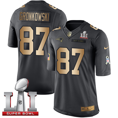 Patriots 87 Rob Gronkowski Black Super Bowl LI 51 Men Stitched NFL Limited Gold Salute To Service Jersey