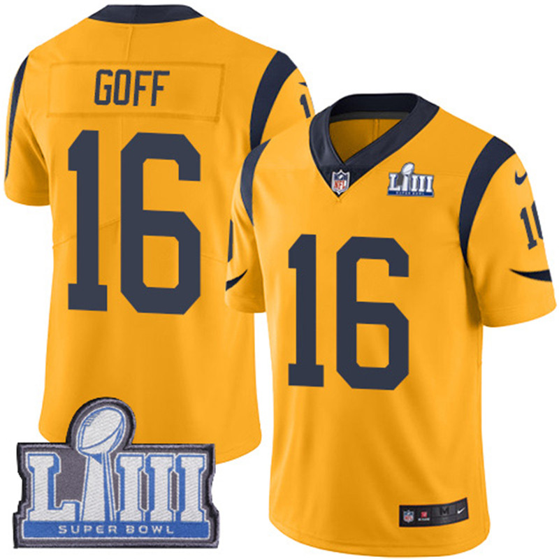 Rams 16 Jared Goff Gold Youth 2019 Super Bowl LIII Color Rush Limited Jersey