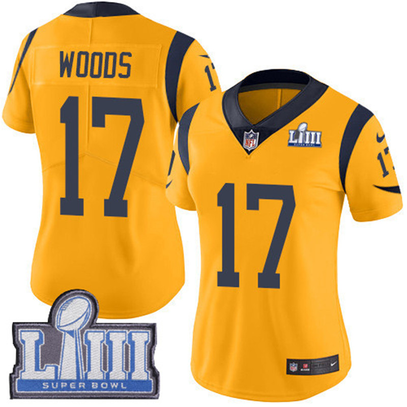  Rams 17 Robert Woods Gold Women 2019 Super Bowl LIII Color Rush Limited Jersey
