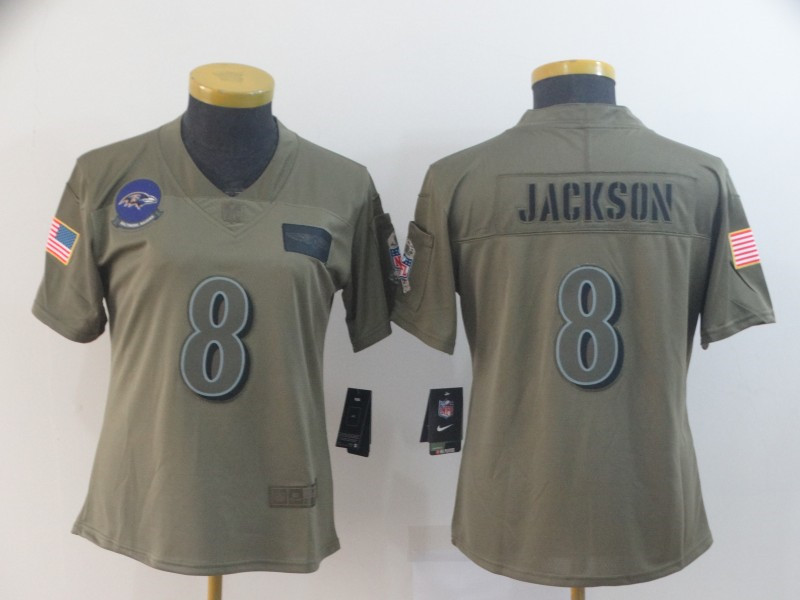 Nike Ravens 8 Lamar Jackson 2019 Olive Women Salute To Service Limited Jersey