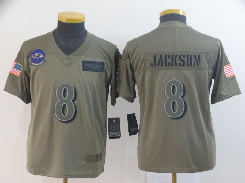 Nike Ravens 8 Lamar Jackson 2019 Olive Youth Salute To Service Limited Jersey