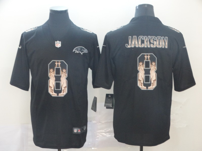 Nike Ravens 8 Lamar Jackson Black Statue of Liberty Limited Jersey